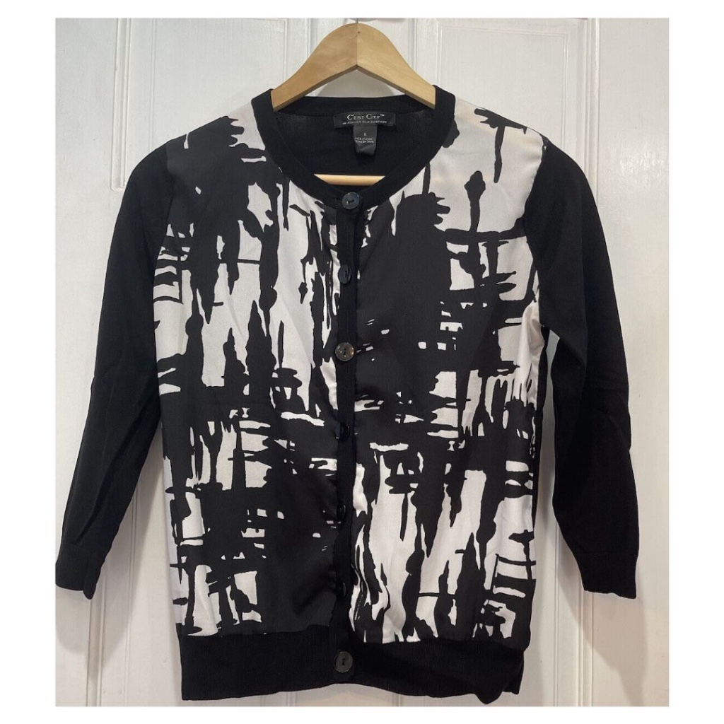 C’est City Black White 3/4 Sleeve Button Down Top Women’s Size Small